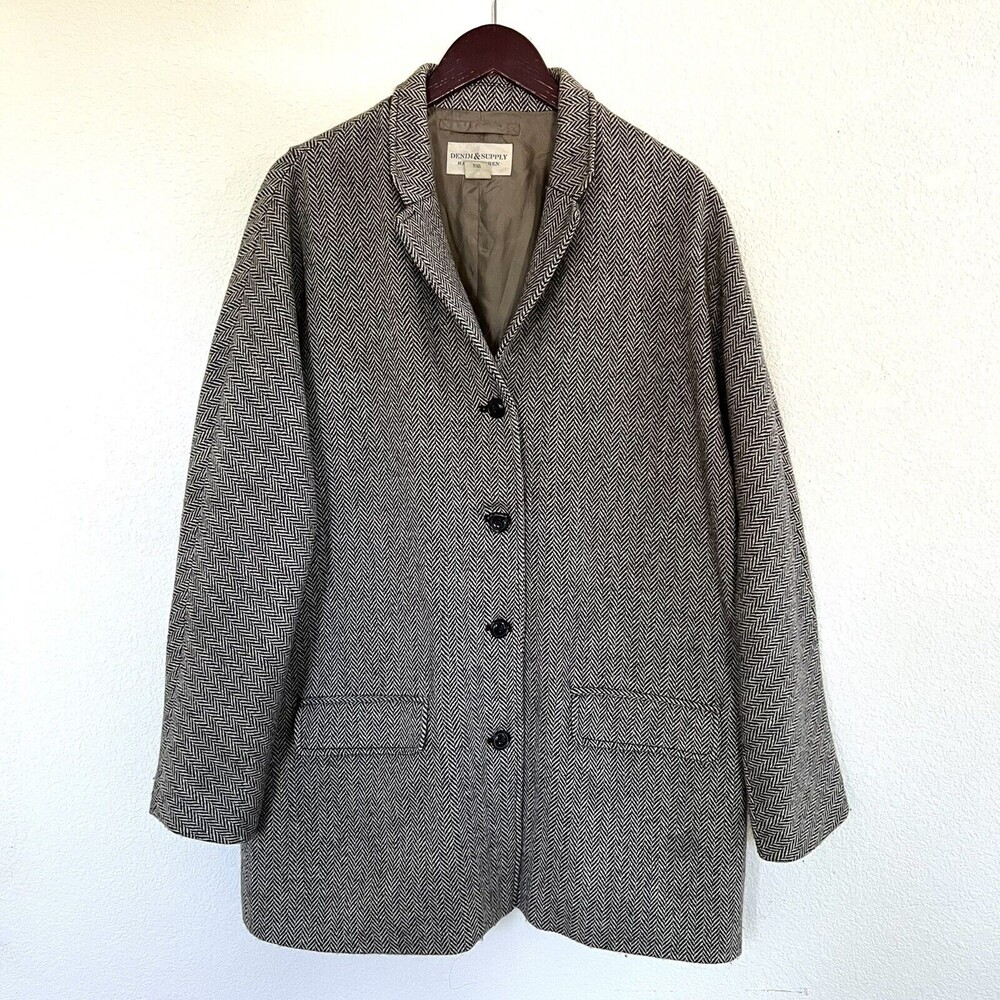 Denim Supply Ralph Lauren Womens Herringbone Oversized Wool Coat Size XL Tan